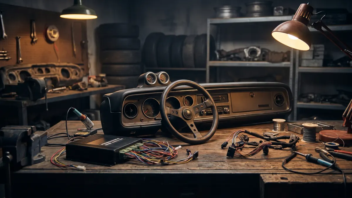 Painel de carro preparado com módulo de injeção programável e manômetros instalados (imagem ilustrativa)