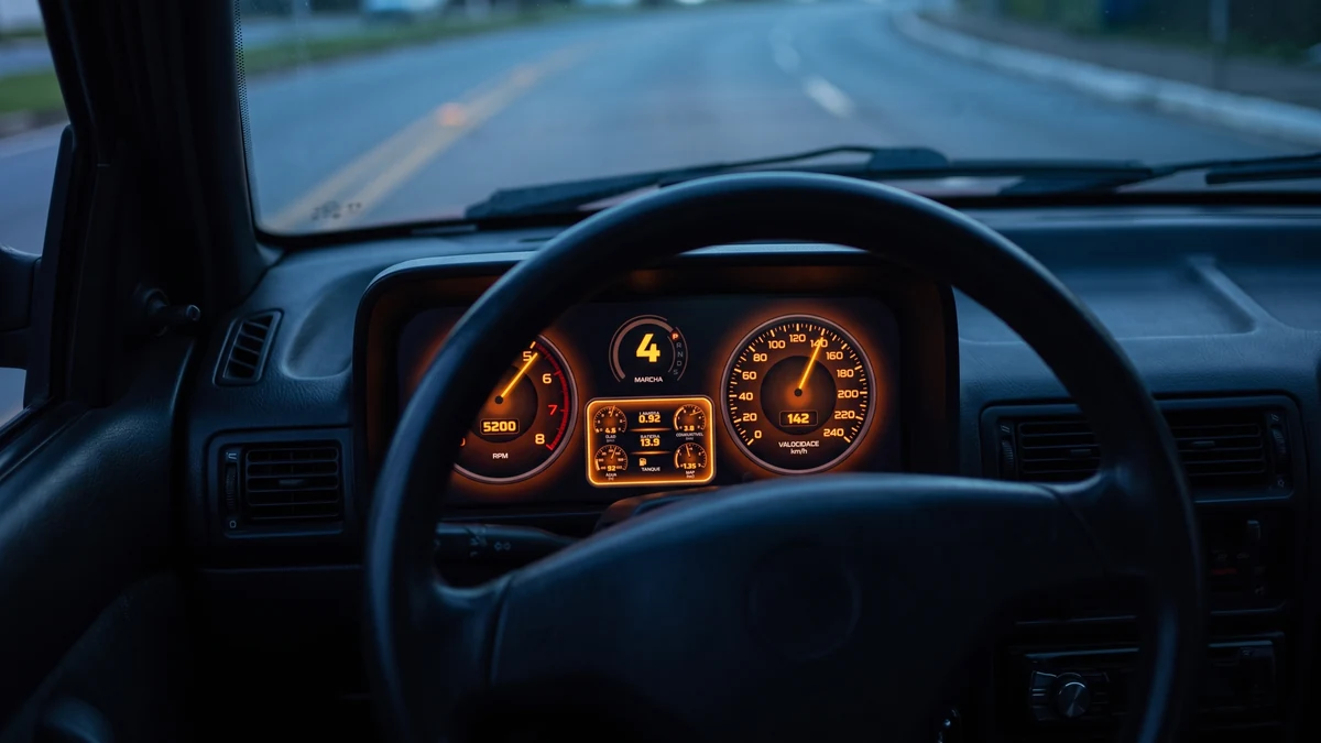 NurbDash instalado no lugar do quadro de instrumentos, atrás do volante, mostrando rotação, marcha e leituras da FuelTech (imagem ilustrativa)